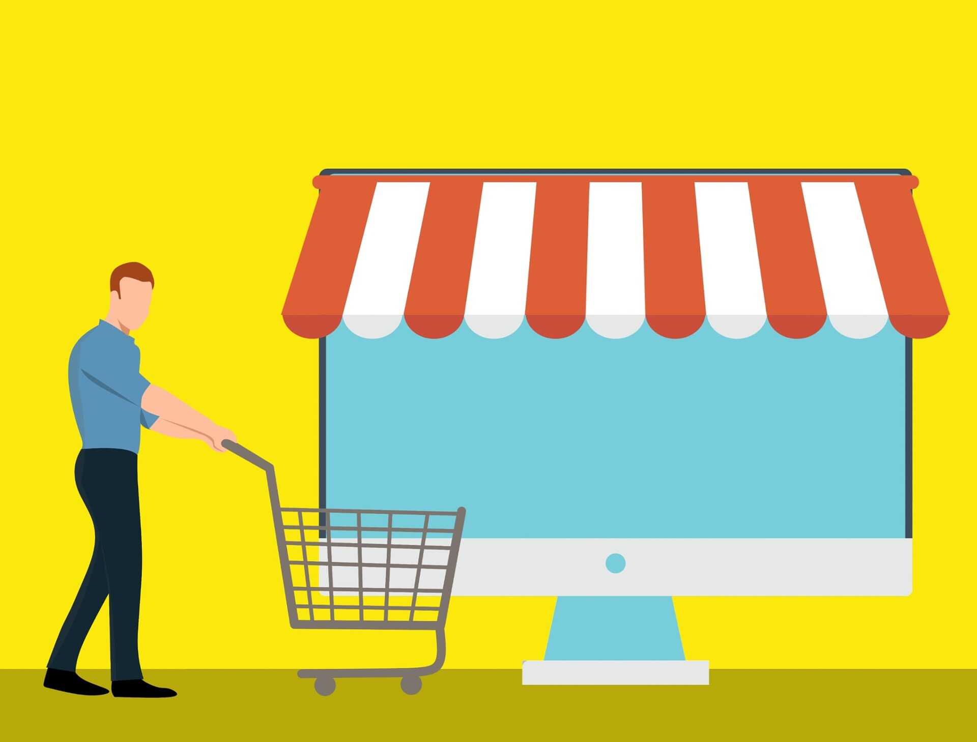 ilustração representando um marketplace com um boneco homem com um carrinho de compras e atrás dele uma tela de computador com uma lona branca e vermelha representando uma loja.